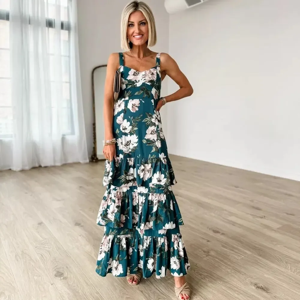 A&F Drama Ruffle Tiered Maxi Dress in Green Floral